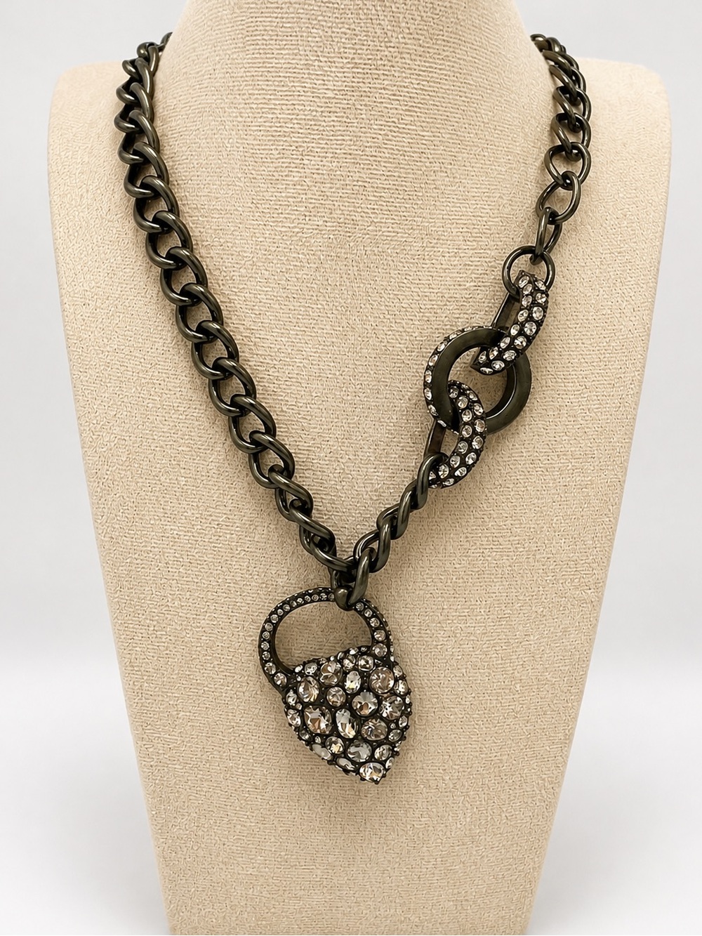 Cabi #2190 Tender Heart Pave Crystal Pendant Necklace Antique Gunmetal Chain